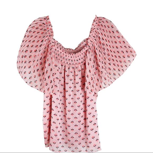 Ann Taylor peach pink pleated floral chiffon flutter sleeve top medium - Picture 1 of 8